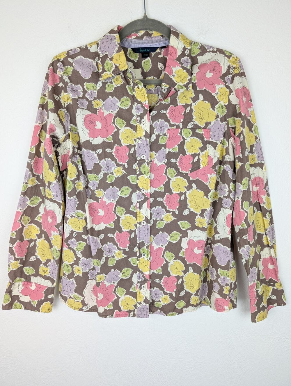 Boden Top Floral Button Up Cottagecore Garden Preppy Spring Summer Brown Size 10